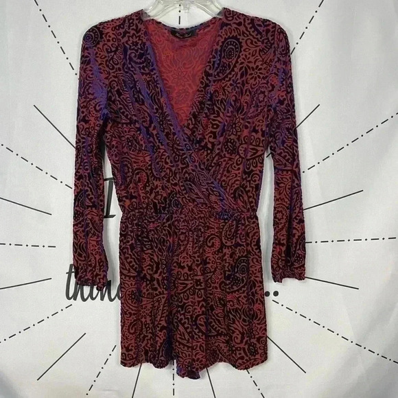 Honey Punch Sexy Cute Red & Blue Velvet Paisley Playsuit Romper - Picture 2 of 7